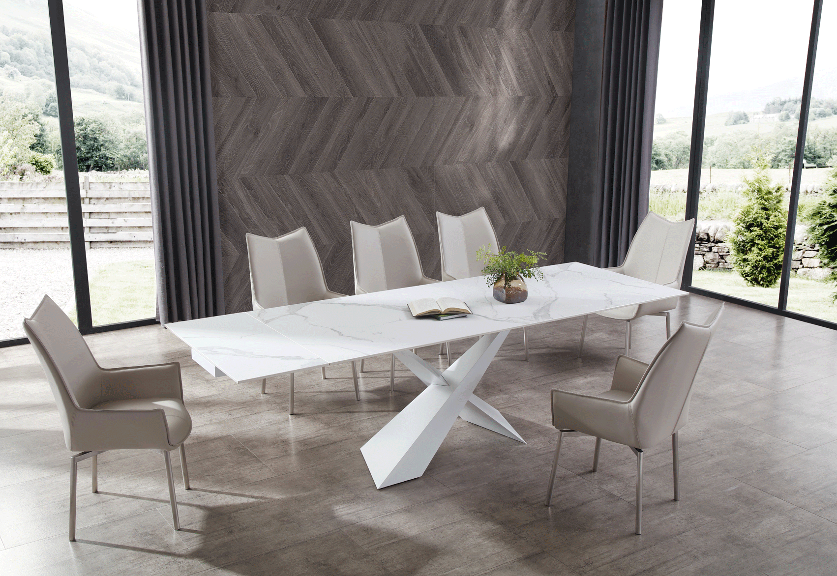 Brands Franco AZKARY II SIDEBOARDS, SPAIN 9113 Dining Table with 1218 swivel grey taupe chairs